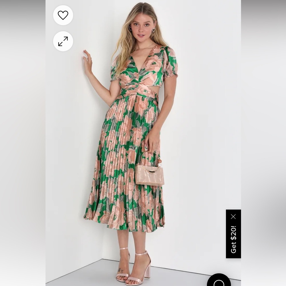 Floral Green and Pink Cut-Out Pleated Dress